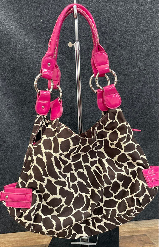 Top It Off Brown Pink Zebra Pattern Fabric Leather Accents Hobo Shoulder Bag
