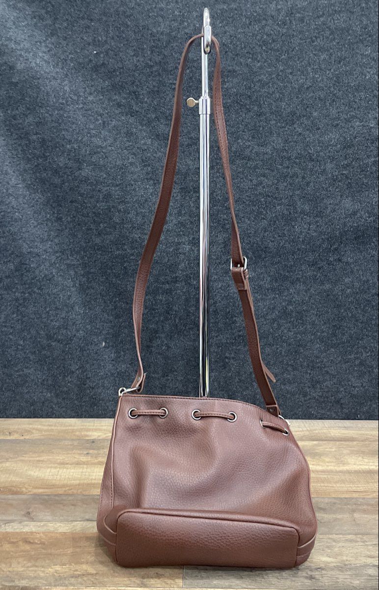 American Eagle Brown Pebbled Faux Leather Drawstring Bucket Crossbody Bag
