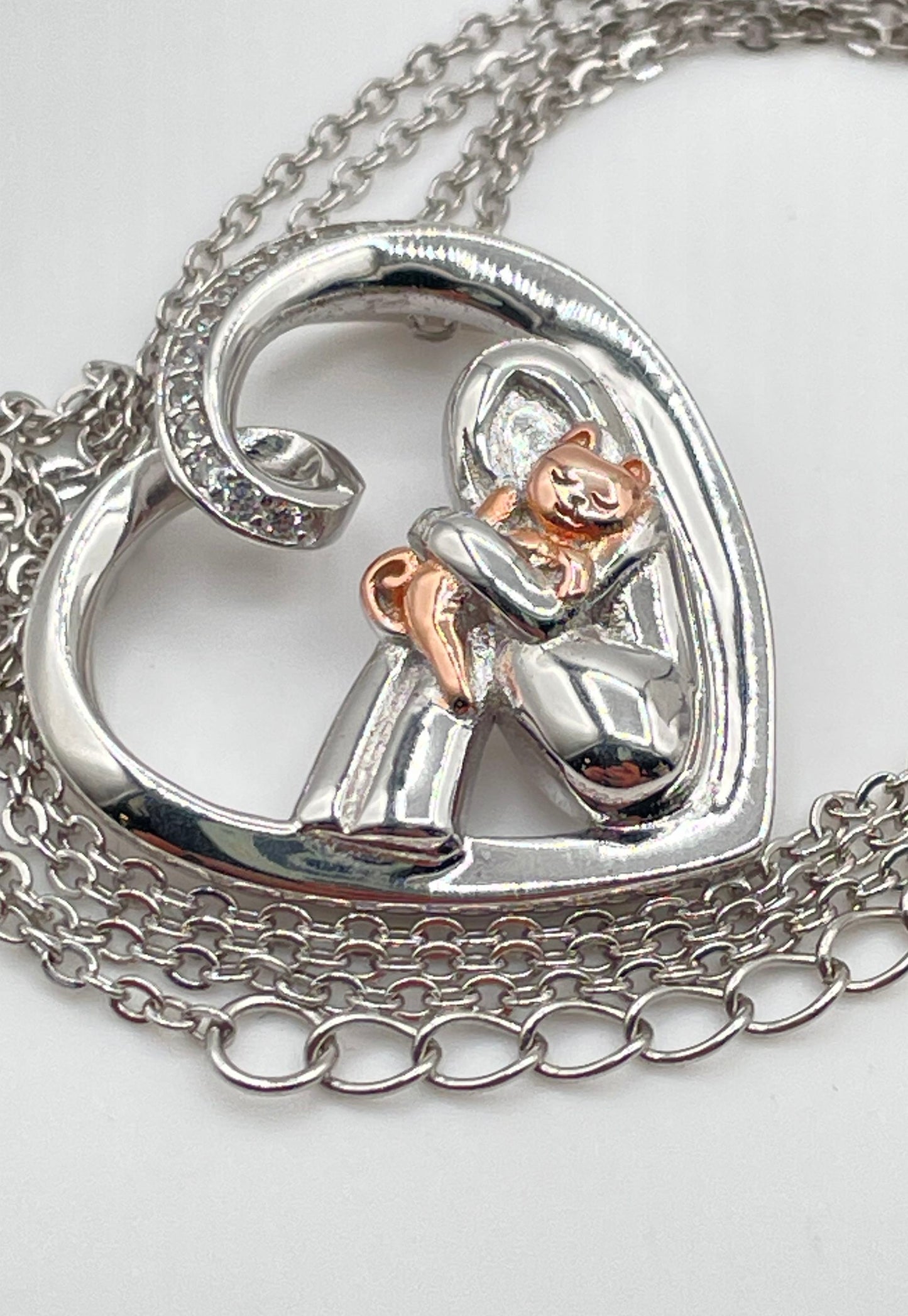925 Sterling Silver Two-Tone Girl & Cat w/ CZ Heart Pendant Necklace 5.8g