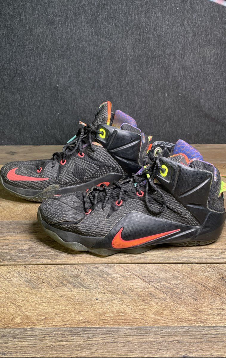 Nike LeBron 12 Data Black Bright Mango Basketball Shoes Youth Size 7Y
