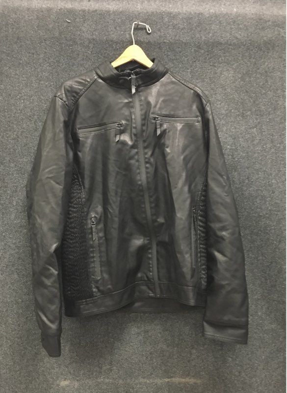 Fried Denim Men's Black Faux Leather Moto Jacket Textured Ribbed Panels Sz M