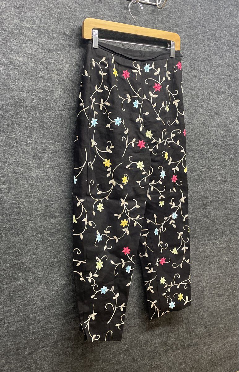 Talbots Petites Women's Black Floral Embroidered Linen Straight Leg Pants Sz 4