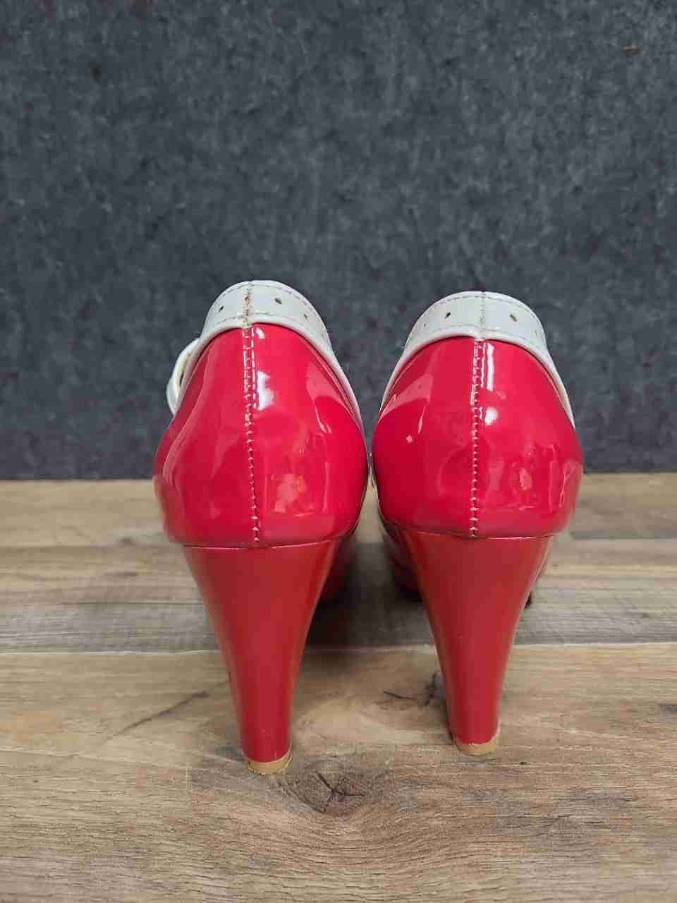 Pixie Cove Red White Patent Rockabilly Pinup Platform T-Strap Bow Heels Size 37