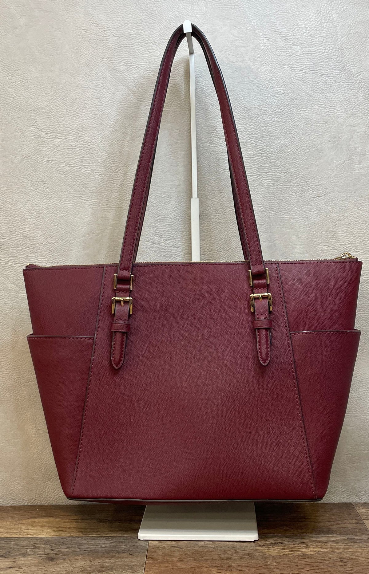 Michael Kors Burgundy Charlotte Saffiano Leather Top Zip Tote Gold Hardware