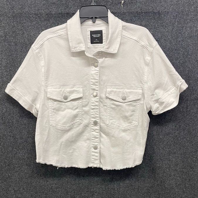 Simply Vera Vera Wang Women's White Short Sleeve Cropped Denim Jacket Sz XL