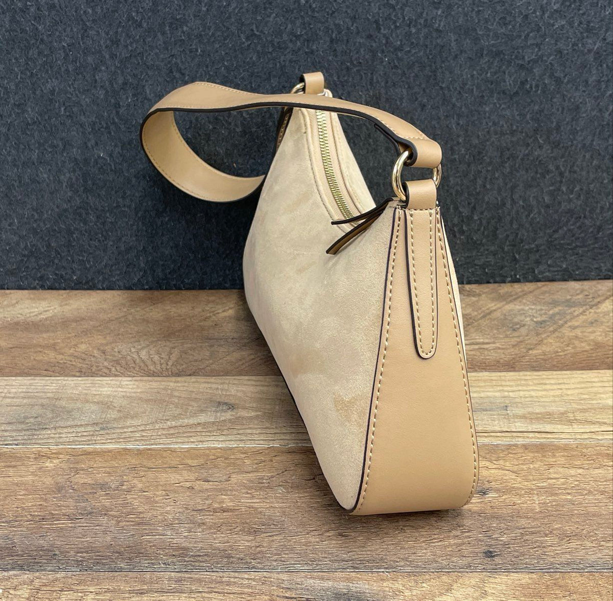 Nine West Tan Faux Suede Shoulder Bag Handbag Gold Hardware Purse