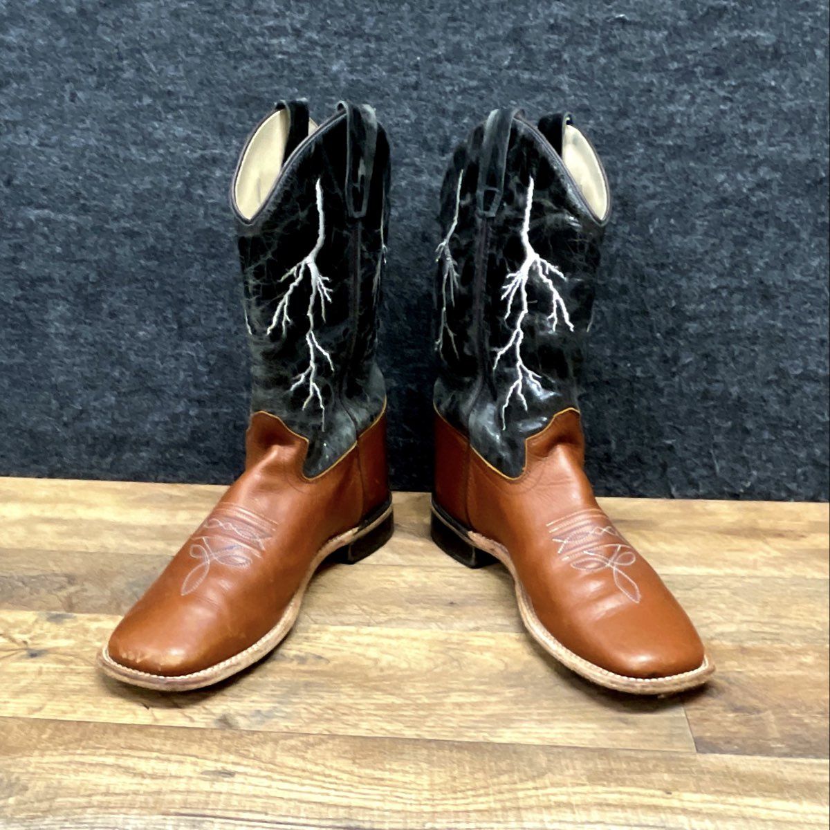 Western Lightning Bolt Square Toe Cowboy Boots Black Brown Leather Size 6D