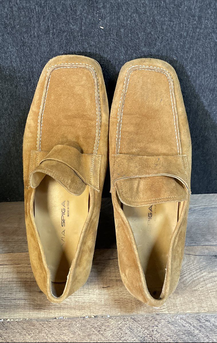 Via Spiga Tan Suede Square Toe Penny Loafers Made in Italy Size 10.5