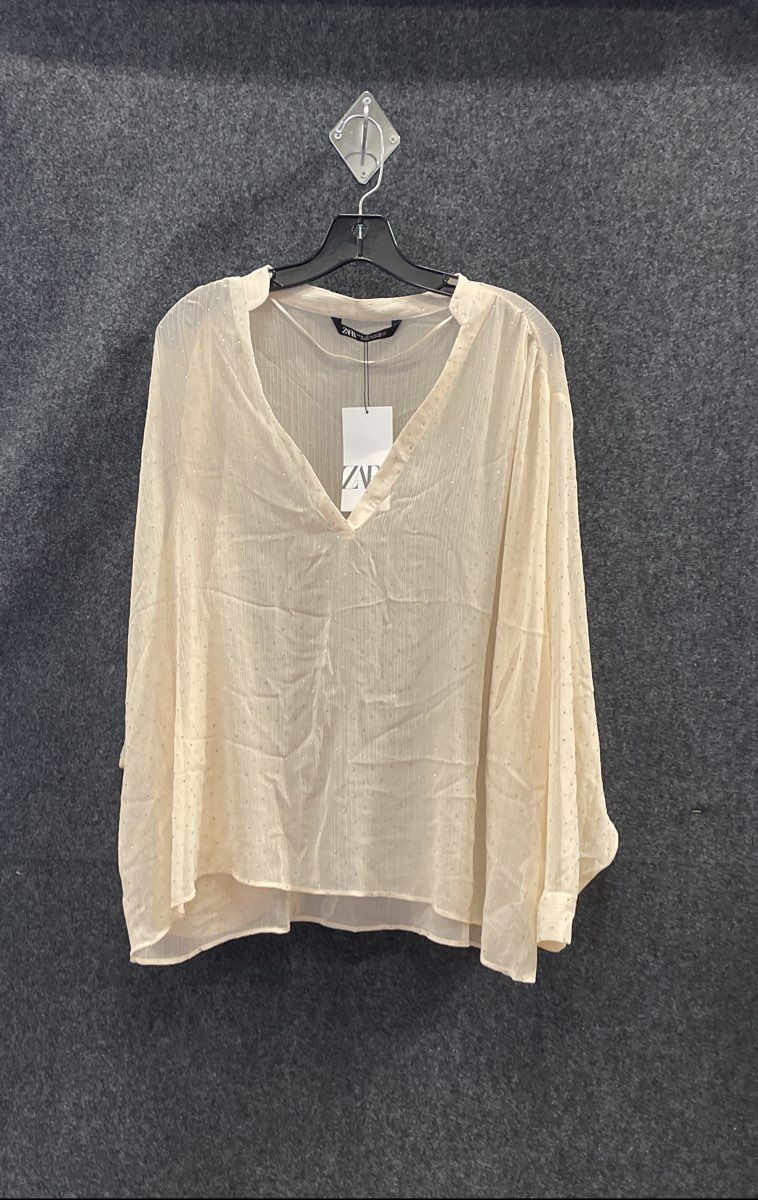 Zara Women's Tan V-Neck Sheer Rhinestone Embellished Blouse Top Sz XL NWT