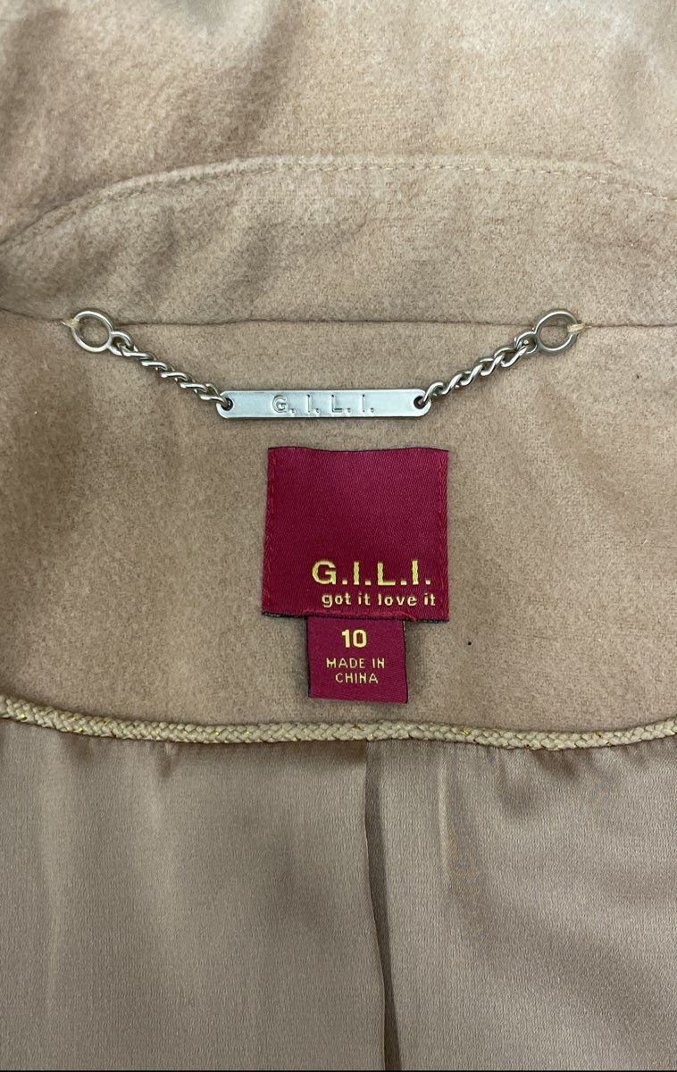 G.I.L.I. Women's Camel Double Breasted Military Pea Coat Crest Buttons Sz 10
