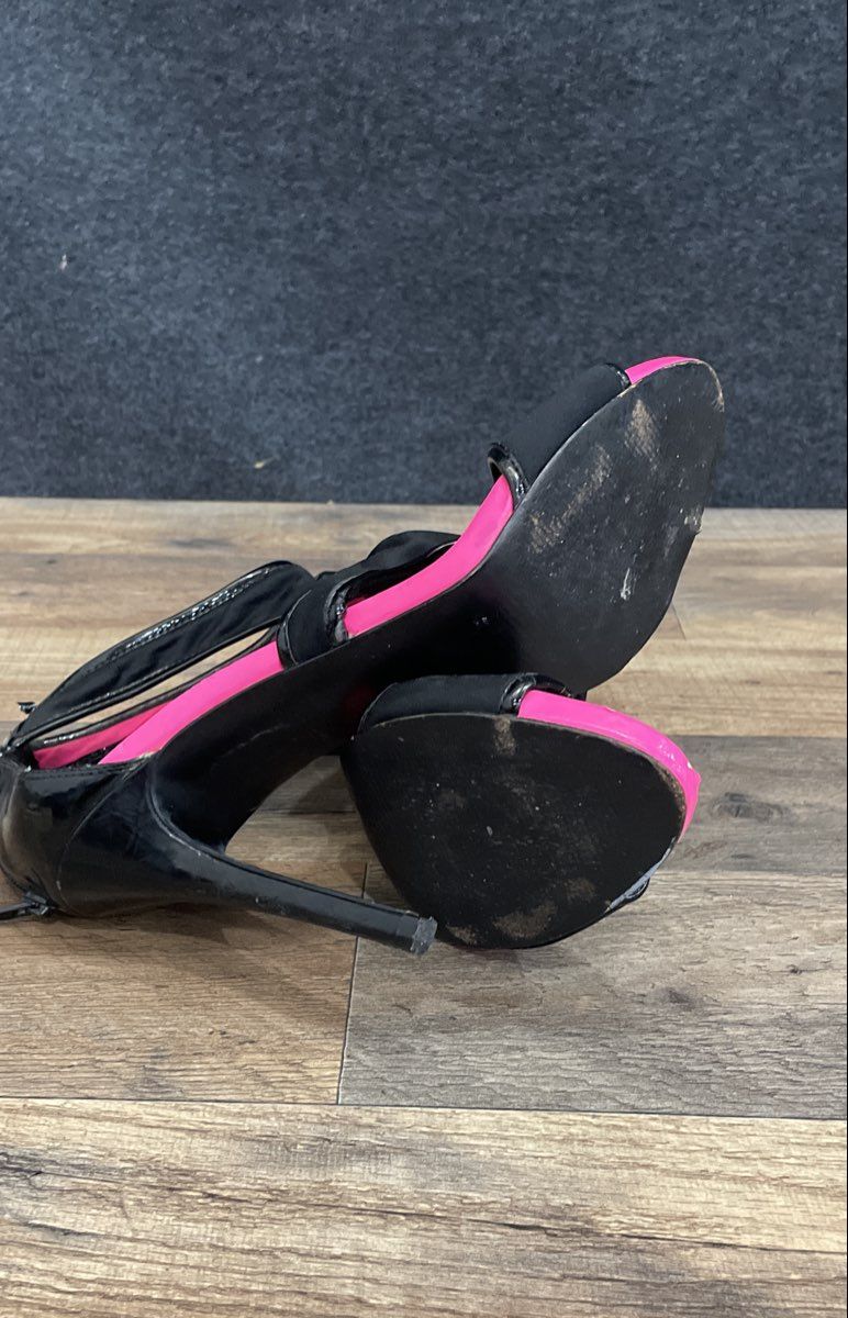 BCBG Paris Black Neon Pink Cutout Open Toe High Heel Sandals Women's Size 10