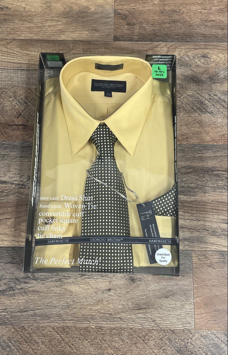Giorgio Brutini Men's Yellow Dress Shirt Tie Box Set Sz L 16-16.5 34/35 NWT
