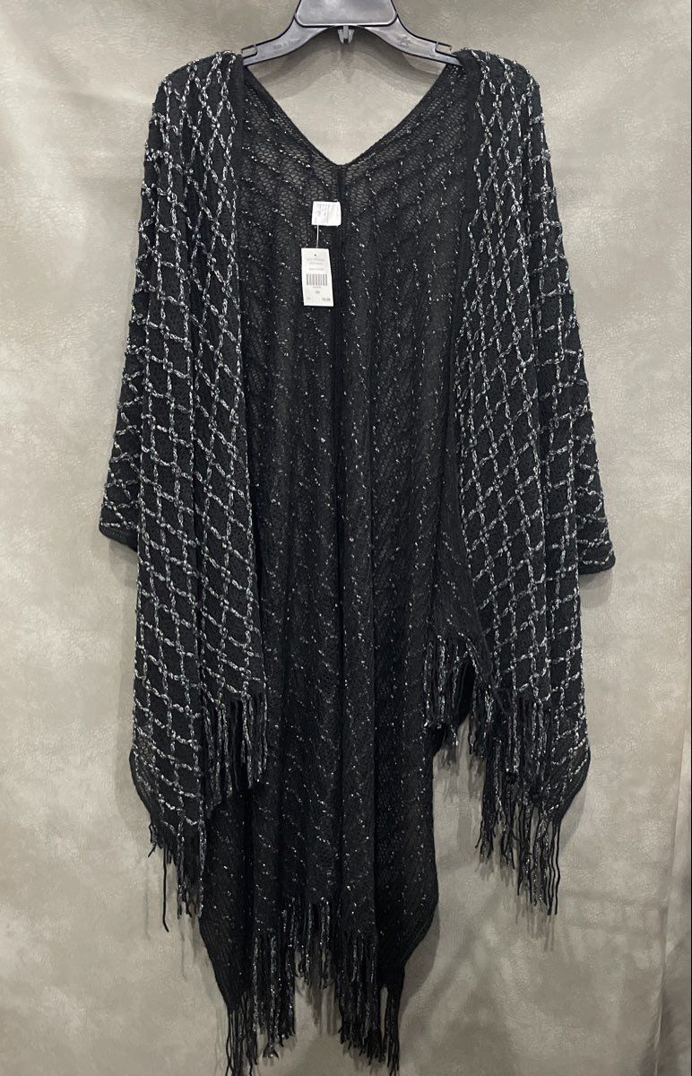 Women's Black Silver Sparkly Diamond Knit Fringe Sweater Shawl Wrap NWT OS