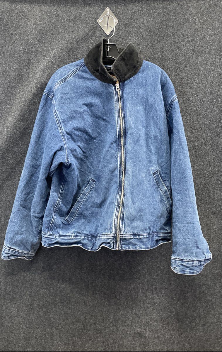 American Eagle Women's Blue Denim Jacket Black Corduroy Collar Quilted Lined L