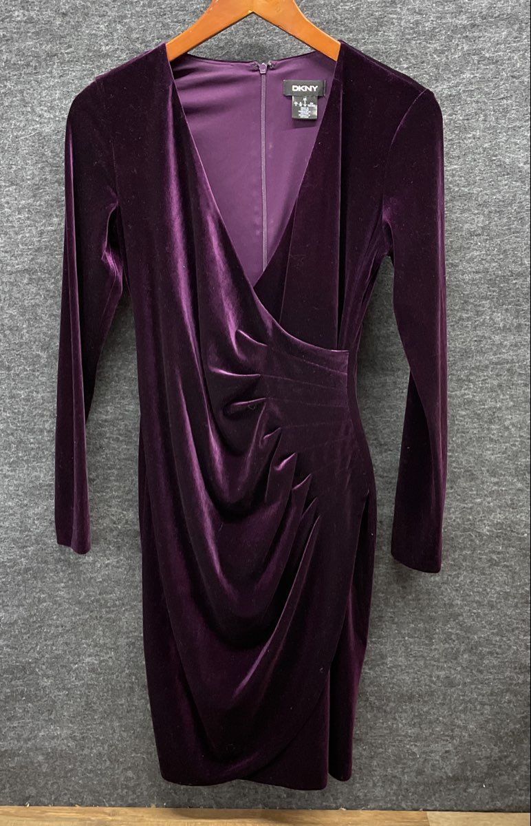 DKNY Women's Purple Velvet Long Sleeve Ruched Sheath Dress Size 2