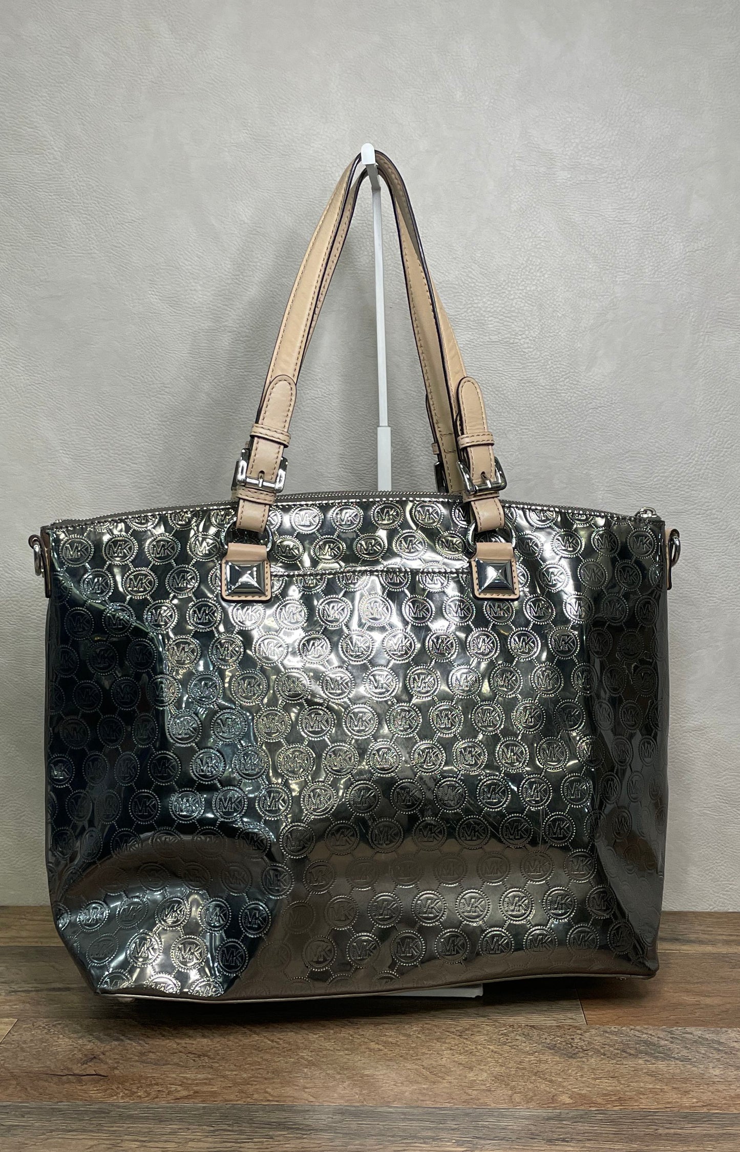 Michael Kors Metallic Silver Embossed Logo Tote Bag Large Tan Leather Handles