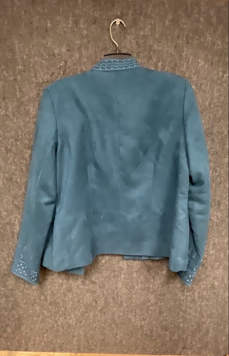 Dressbarn Women's Teal Faux Suede Embroidered Open Front Mock Neck Jacket XL