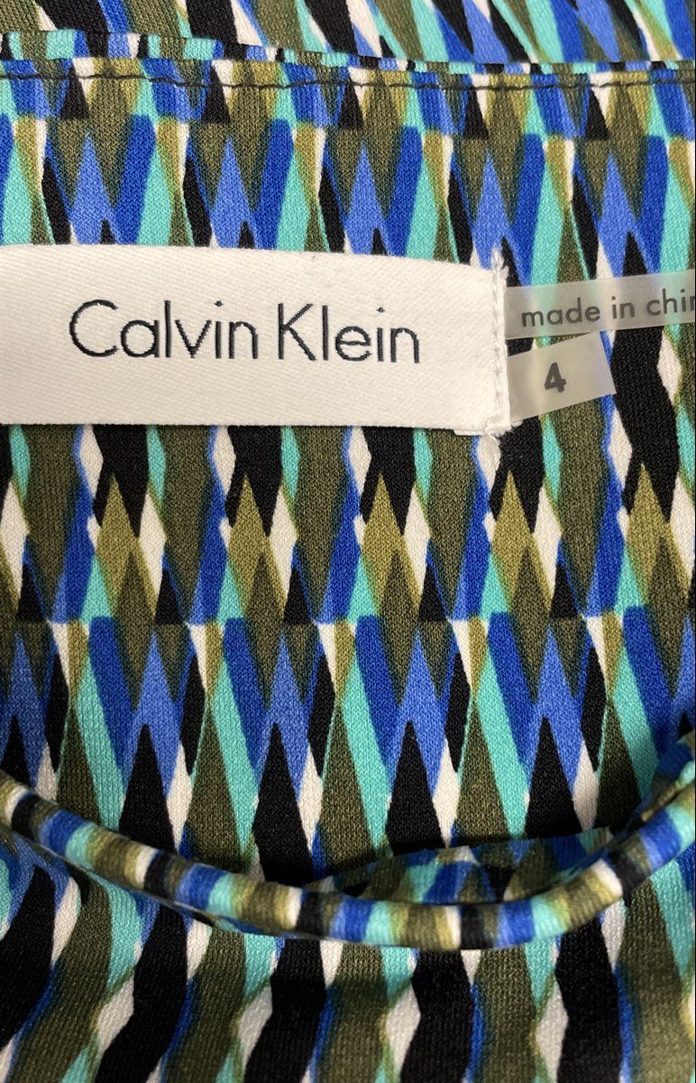 Calvin Klein Women's Geometric Print Sheath Dress Blue Green 3/4 Sleeve Sz 4
