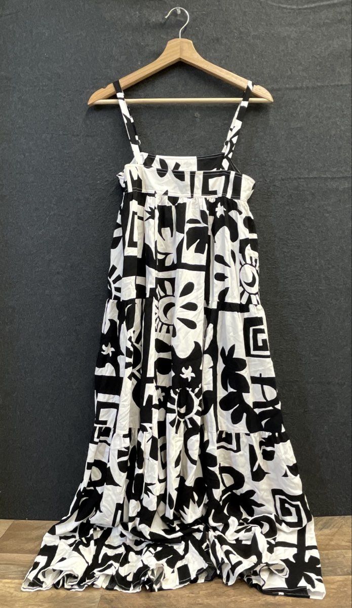 Abel the Label Women's Black White Graphic Tiered Maxi Dress Rayon Sz S