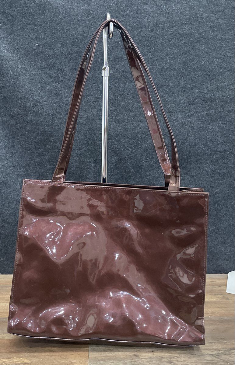 Vintage 90s Lerner New York Burgundy Patent Faux Leather Large Tote Bag