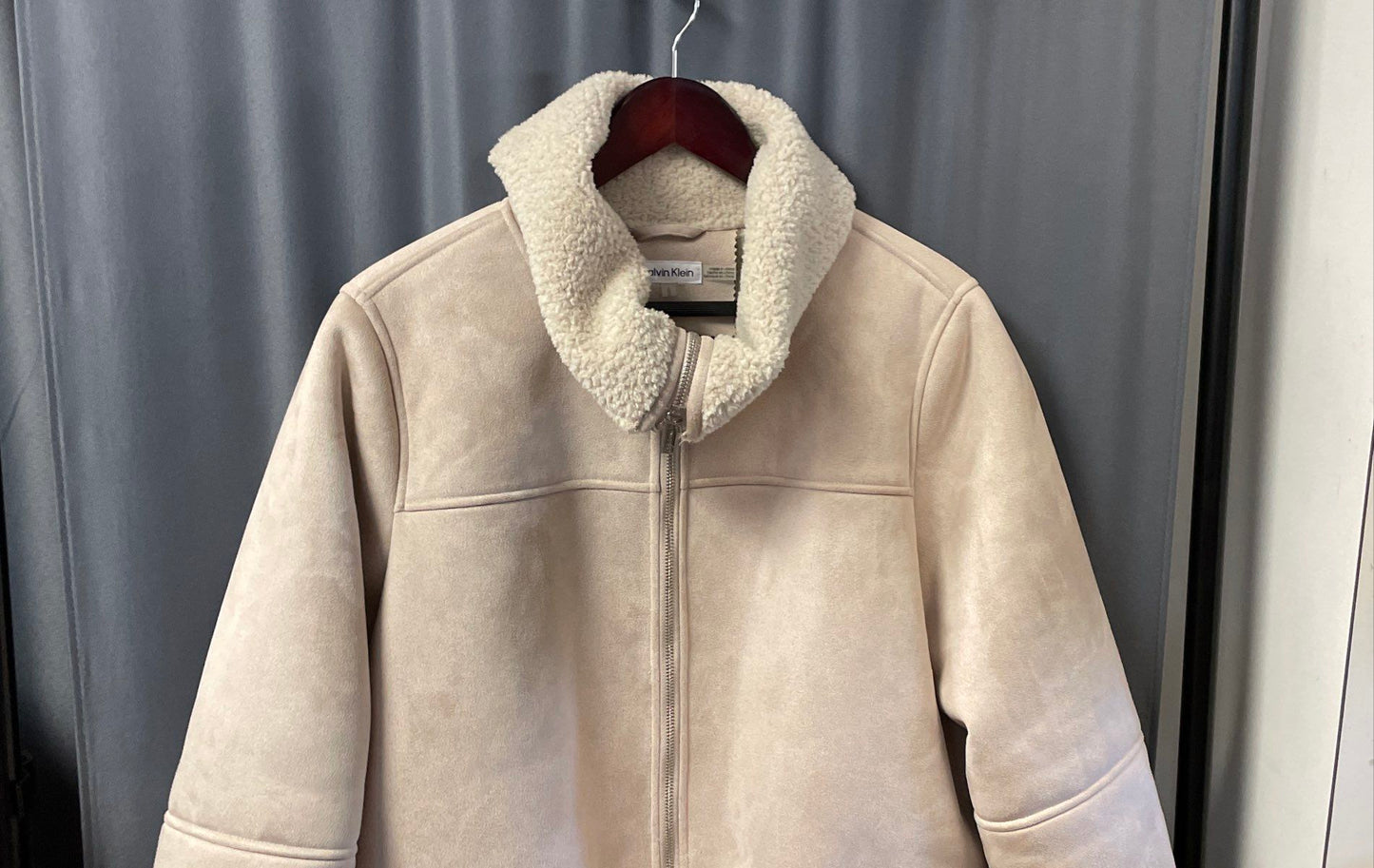 Calvin Klein Women's Faux Shearling Coat Cream Beige Suede Mid Length Sz L