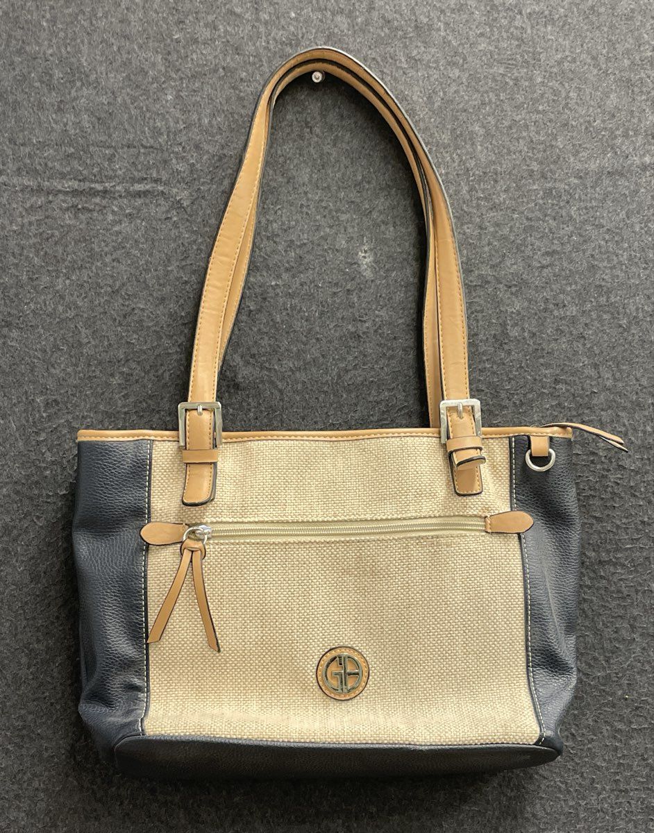 Giani Bernini Navy Blue Cream Woven Canvas Mixed Media Tote Shoulder Bag