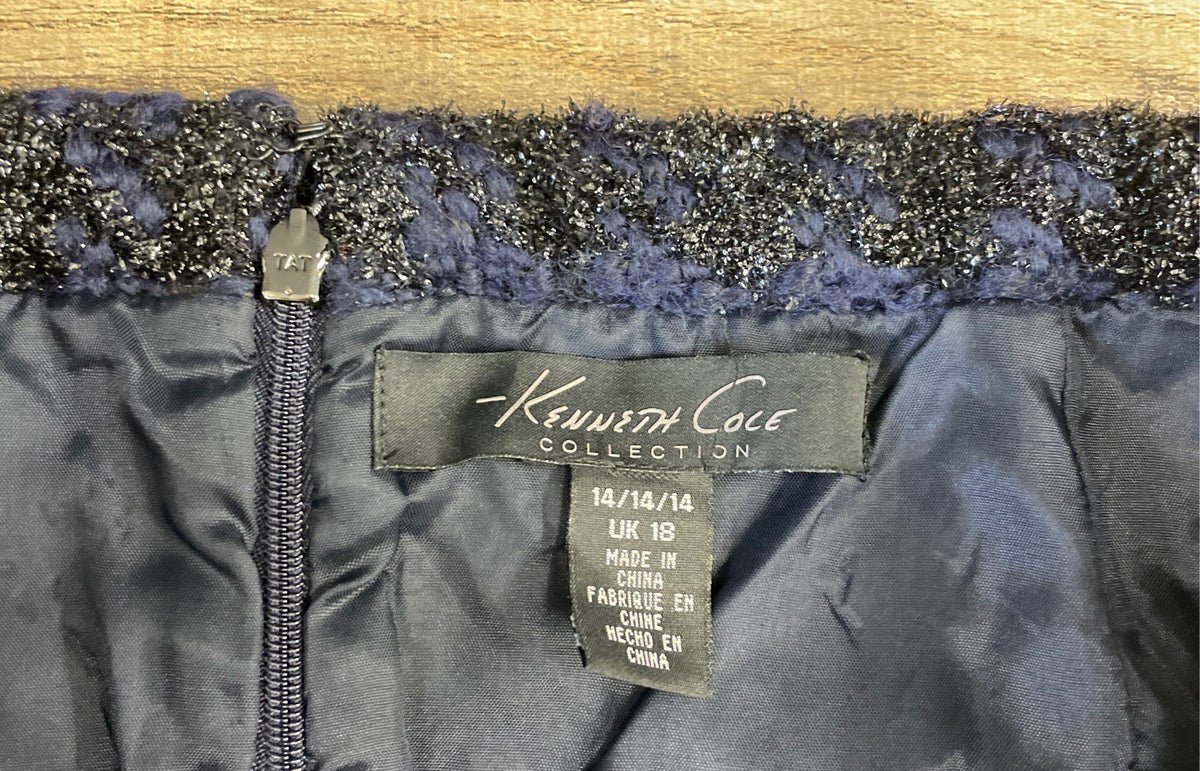 Kenneth Cole Women's Navy Black Metallic Wool Blend Flared A-Line Skirt Size 14
