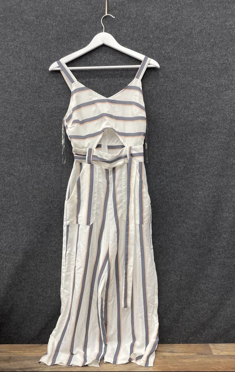 Crystal Sky Women's Jumpsuit White Blue Striped Cutout Wide Leg Sz 3 NWT