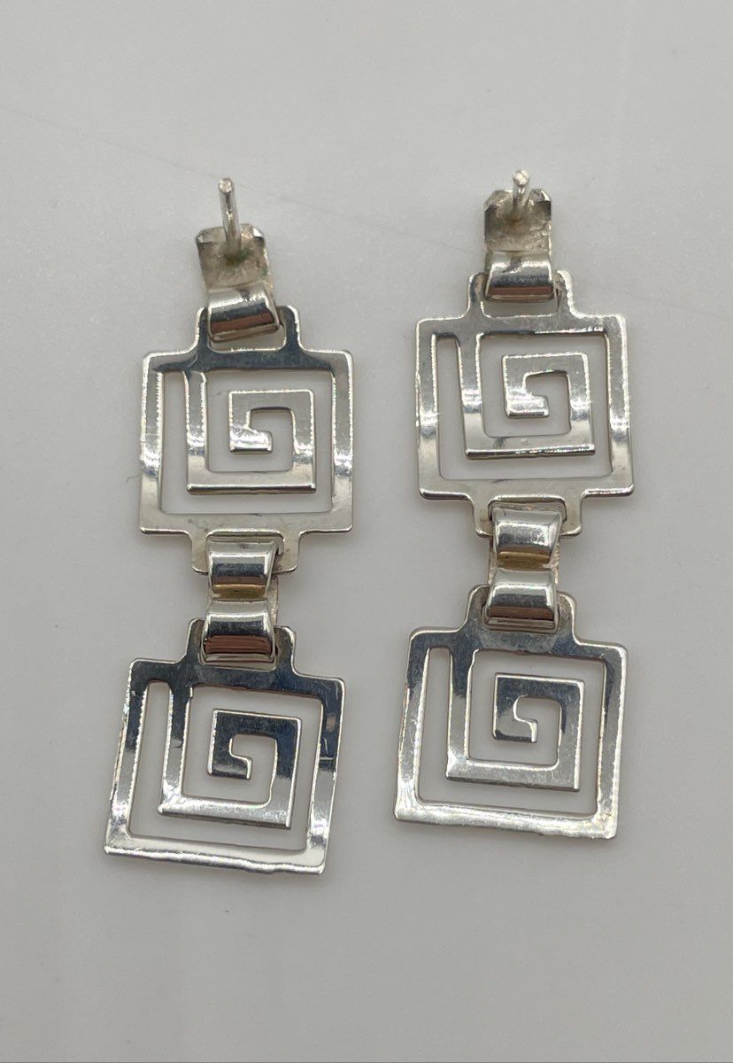 925 Sterling Silver Greek Key Meander Dangle Earrings 2.6g