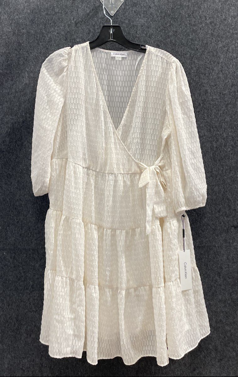 Calvin Klein Women's Cream White Metallic Stripe Tiered Faux Wrap Dress Sz 8 NWT