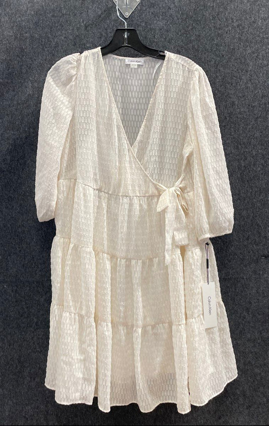 Calvin Klein Women's Cream White Metallic Stripe Tiered Faux Wrap Dress Sz 8 NWT