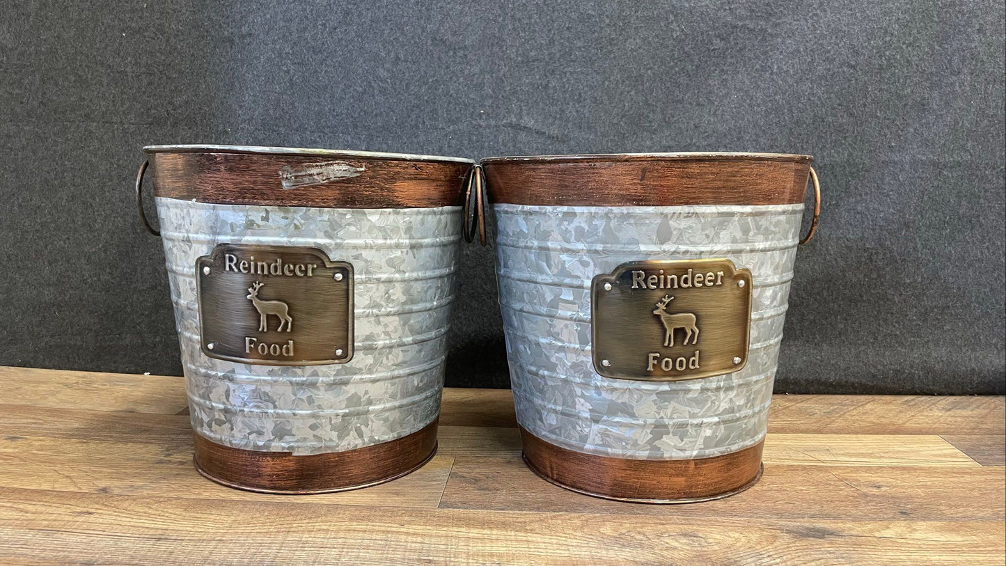 Set of 2 Galvanized Reindeer Bucket Decorative