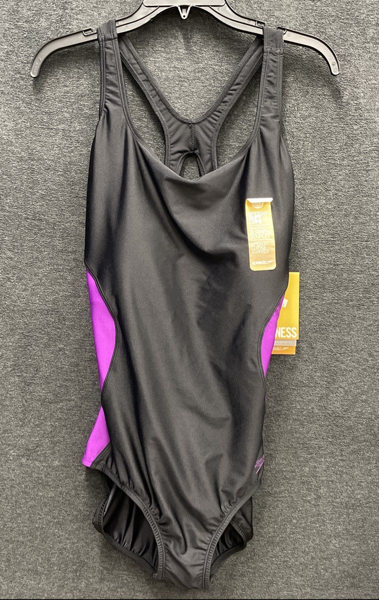Speedo Women's Black Purple Racerback One Piece Swimsuit NWT Sz 16