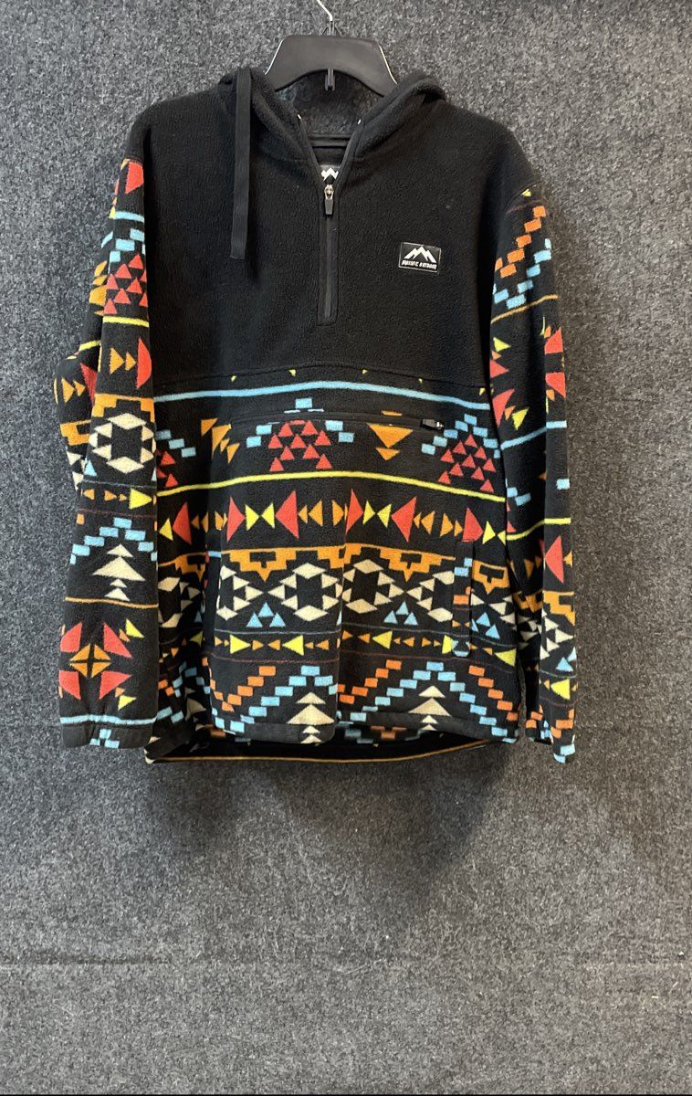 Massive Outdoor Men's Fleece Hoodie Pullover Black Aztec Geometric Pattern Sz L