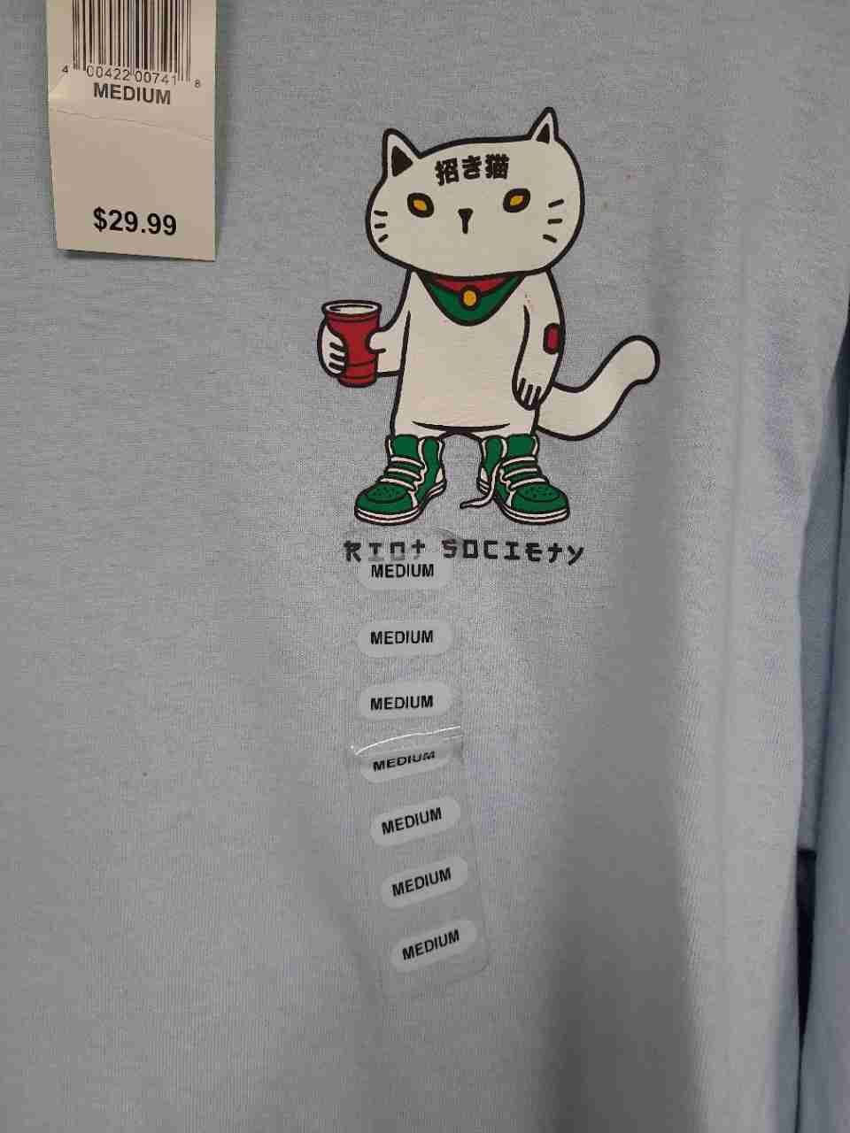 Riot Society Men's Light Blue Lucky Cat Noodle Box Long Sleeve Shirt Sz M NWT