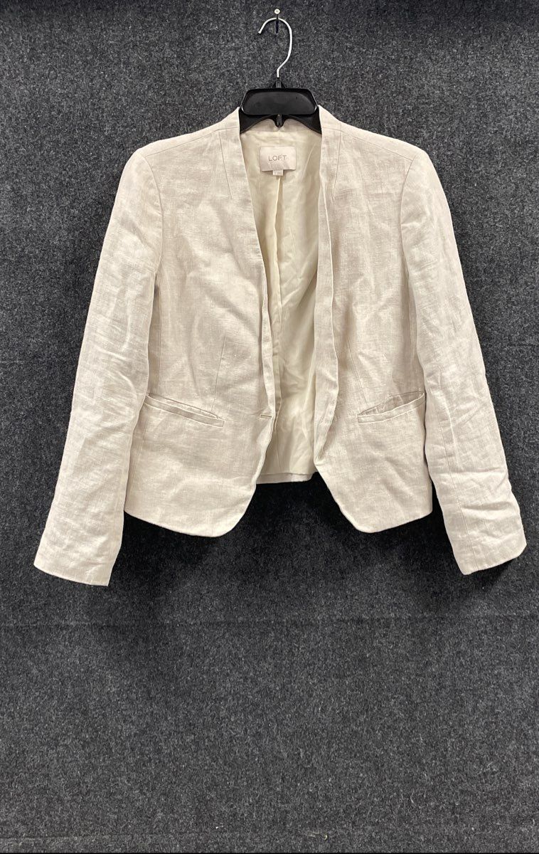 Loft Women's Beige 100% Linen Herringbone Open Front Cropped Blazer Sz 8