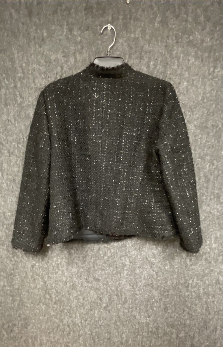 Ann Taylor Petite Women's Black Metallic Shimmer Tweed Fringe Trim Jacket Sz 14P