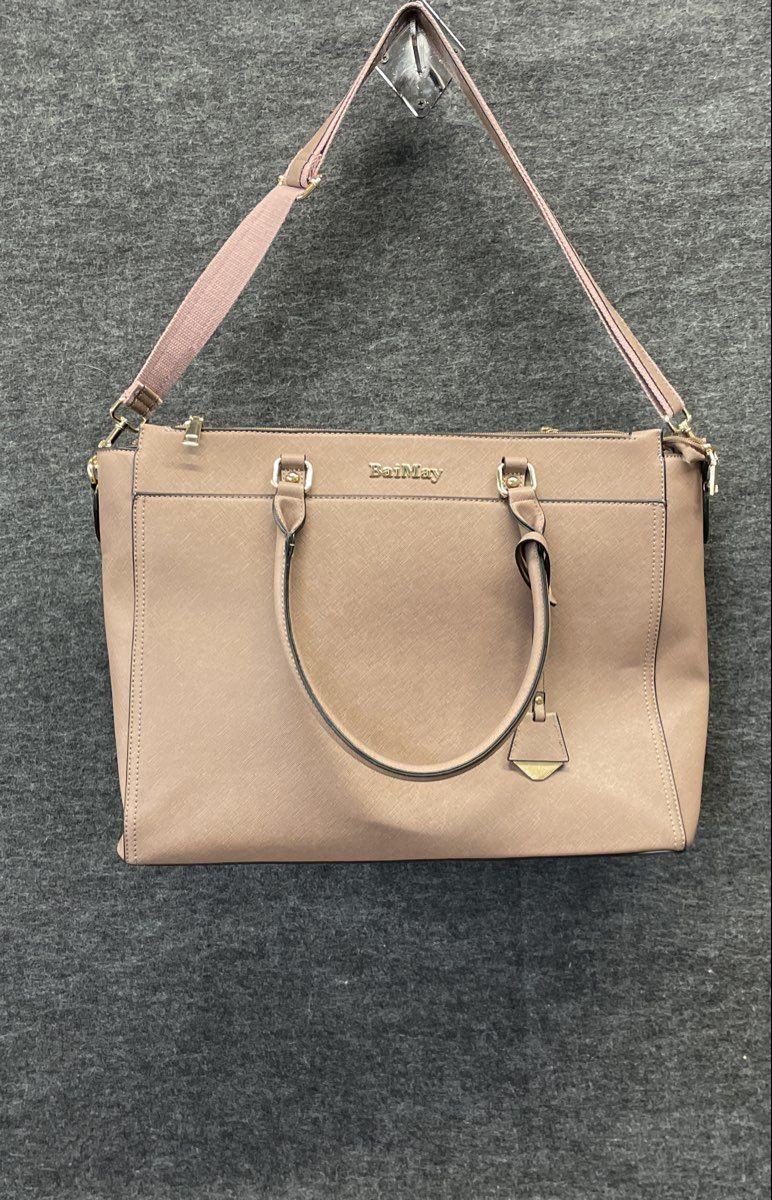 BaiMay Taupe Saffiano Textured Laptop Tech Tote Bag Gold Hardware Large