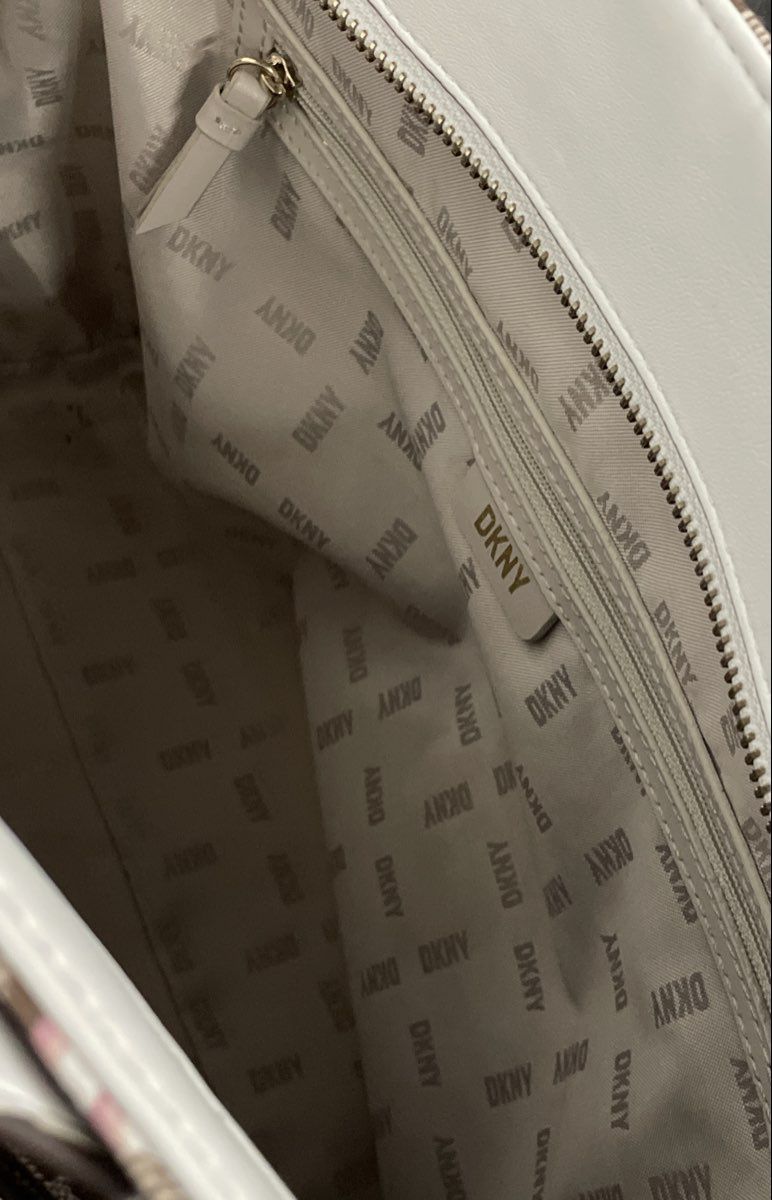 DKNY Brown Pink Monogram Logo Tote Bag White Trim Charm Shoulder Handbag