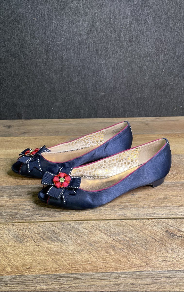 Poetic Licence Wonderful Day Navy Blue Peep Toe Bow Flats Women's Size 9