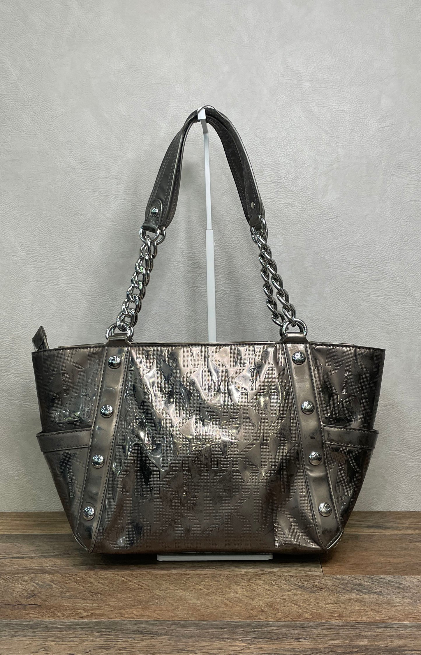 Michael Kors Metallic Pewter Jet Set Chain Shoulder Tote Bag Silver Hardware