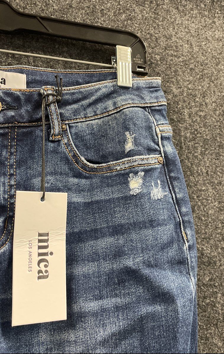 Mica Denim Women's Blue High Rise Boy Crop Distressed Ripped Jeans NWT Size 27