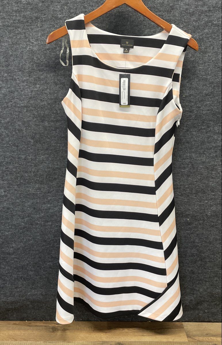 Worthington Women's Sleeveless Dress White Black Peach Striped Sz 8 NWT