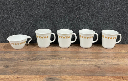 Vintage Corning Butterfly Gold 4 Mugs & Creamer Set 5 Pcs