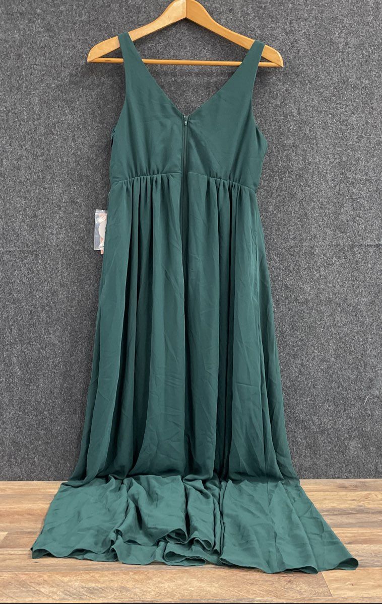 Birdy Grey Women's Dark Green Ruched Chiffon Maxi Dress High Slit NWT Sz L