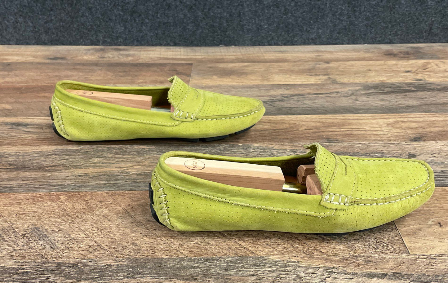 Mercanti Fiorentini Lime Green Perforated Suede Penny Driver Loafers Size 9 B