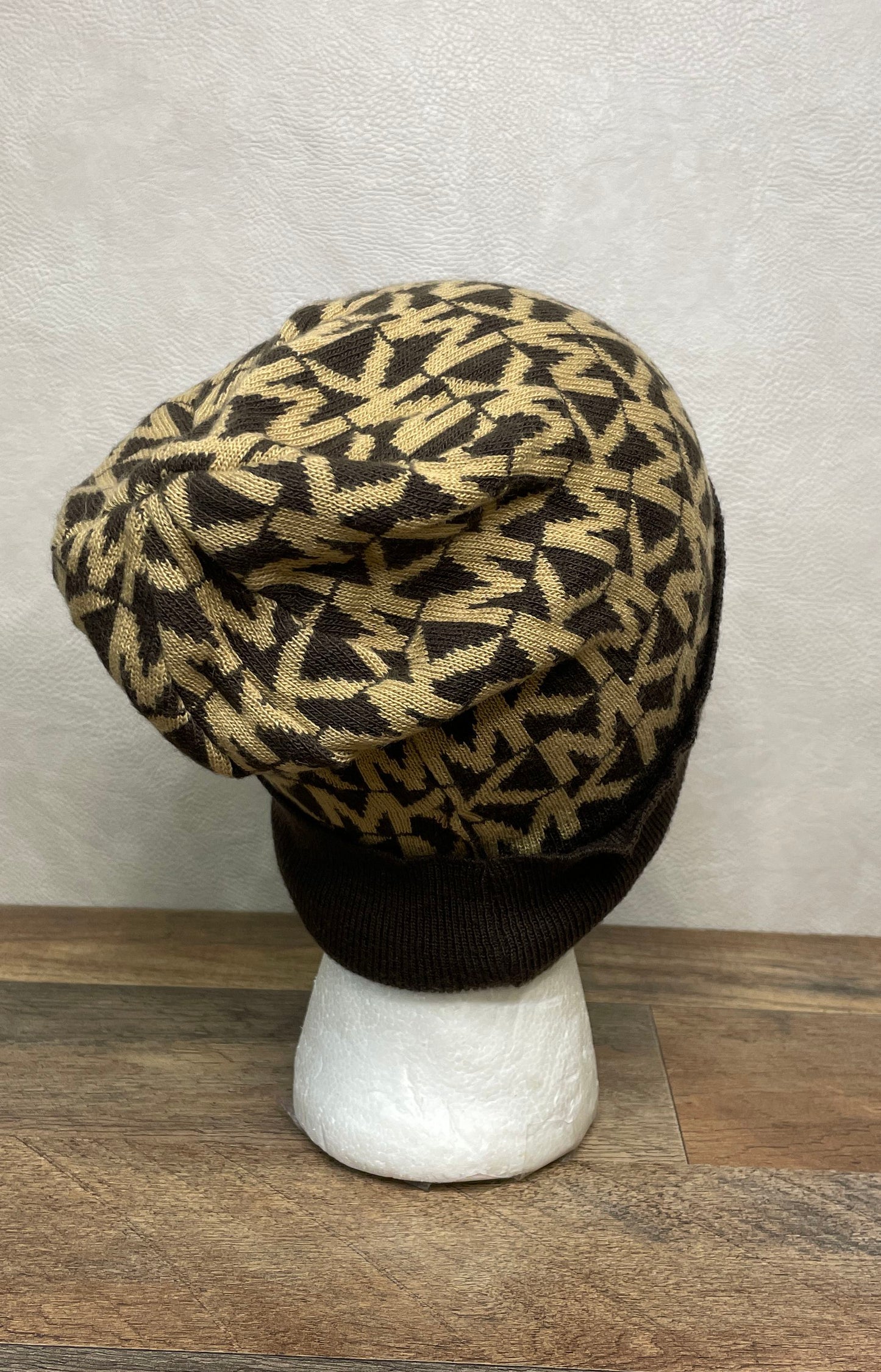 Michael Kors Women's Beanie Hat Brown Tan Monogram Logo Knit MK Print