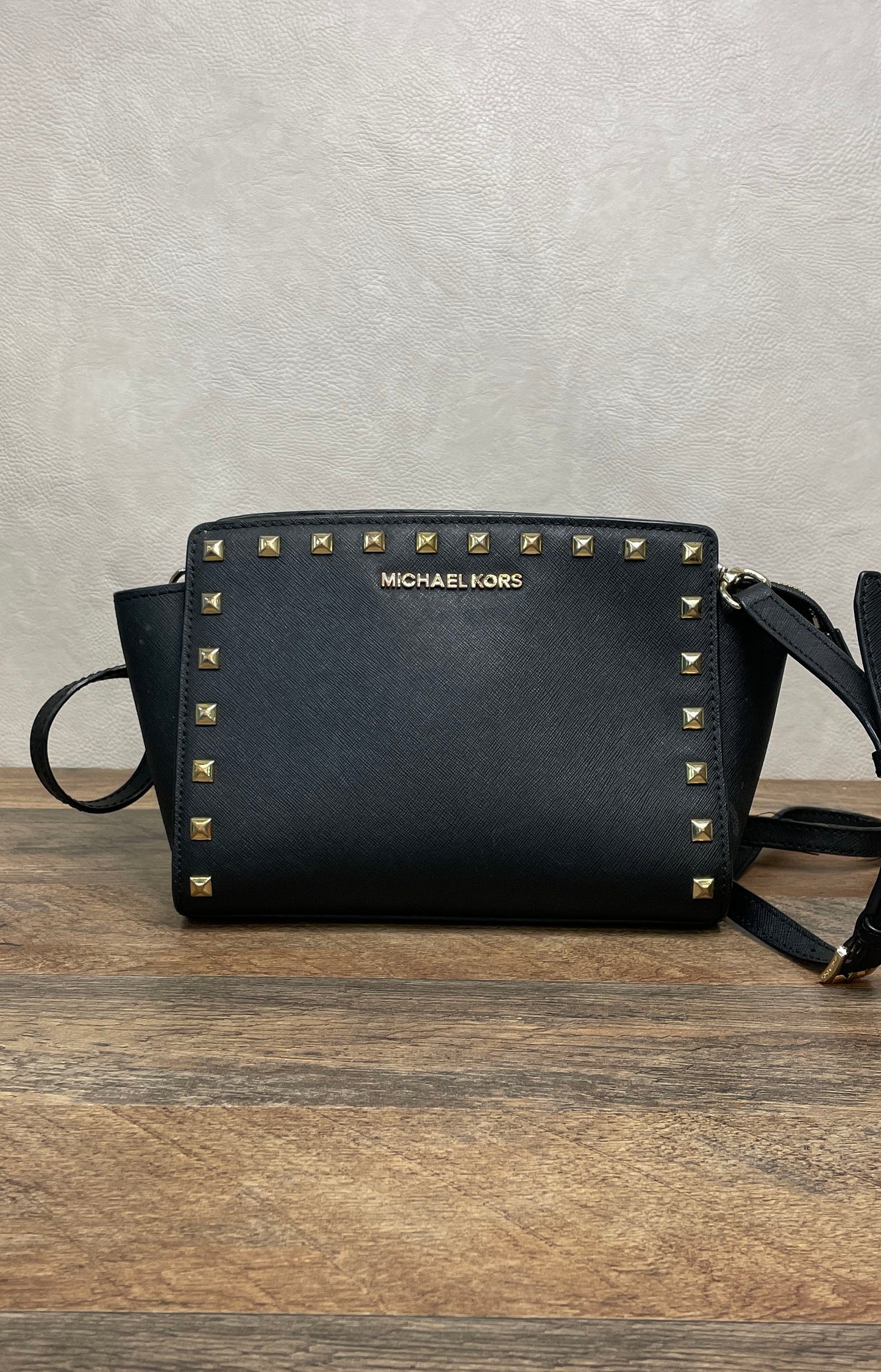 Michael Kors Black Saffiano Leather Studded Selma Messenger Crossbody Bag Gold