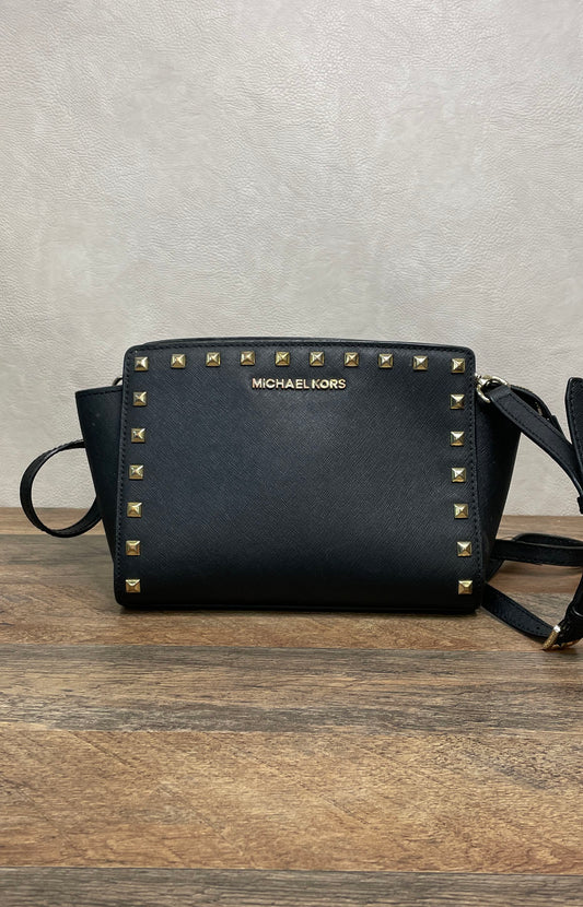 Michael Kors Black Saffiano Leather Studded Selma Messenger Crossbody Bag Gold