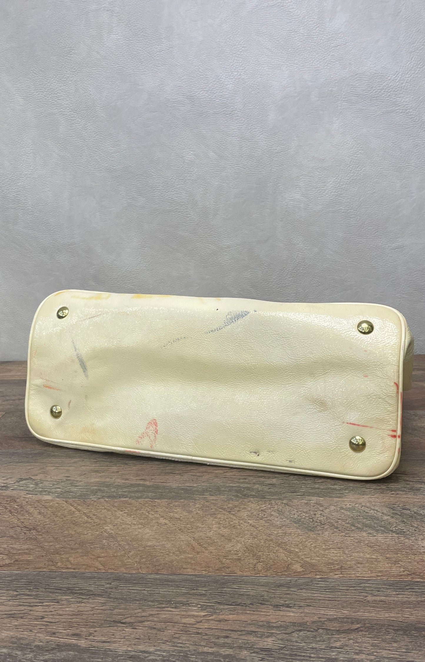 Coach Cream Signature Patent Leather Kiss Lock Tote Bag Gold Hardware